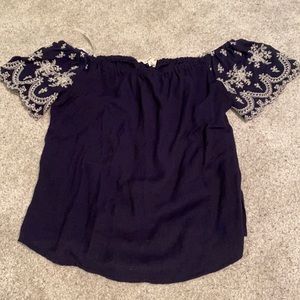 Navy off the shoulders top with white detail